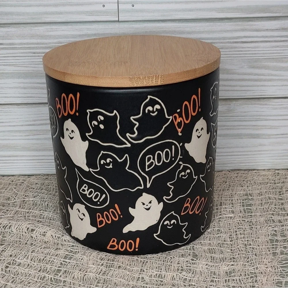 Inhomestylz Matte Black Ceramic Halloween Ghost Cellar Jar BOO